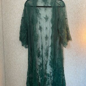 Lace Sheer Kimono Robe - Deep Green